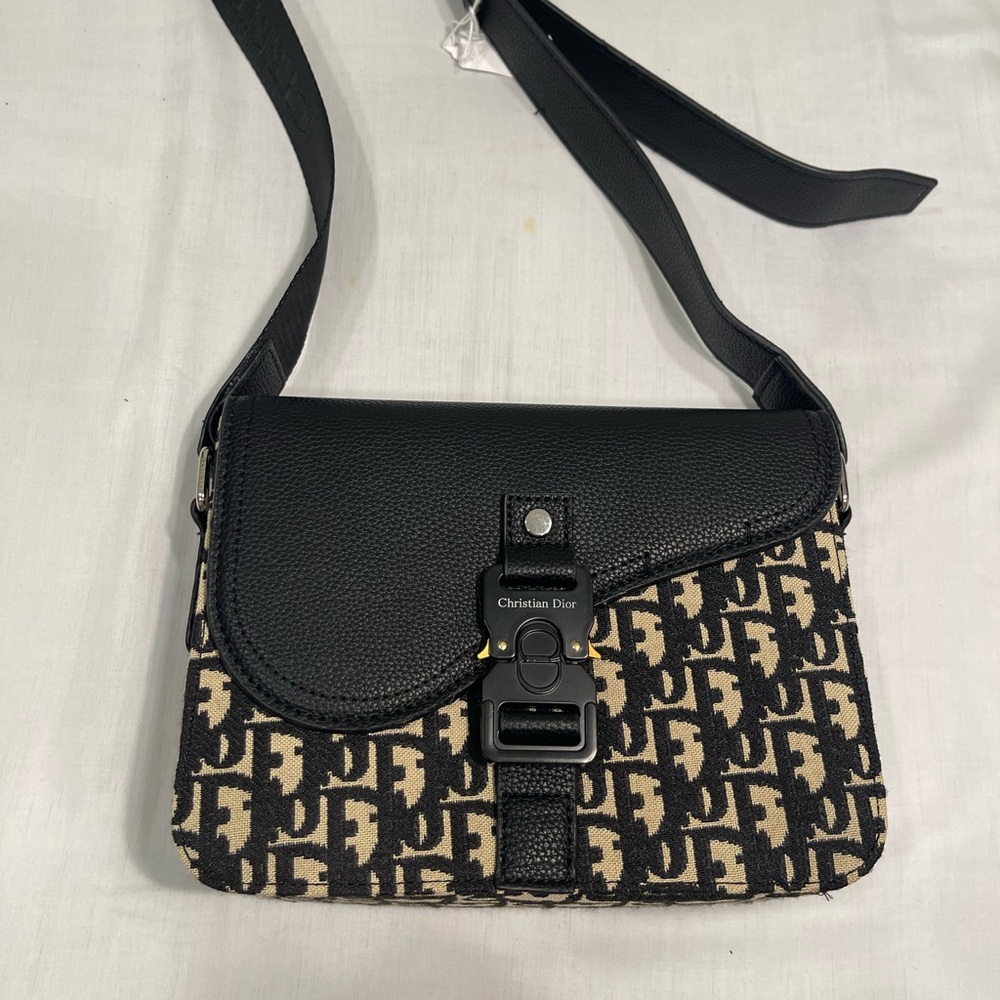 Dior Mini Saddle Messenger Bag with flap Oblique jacquard with black beige